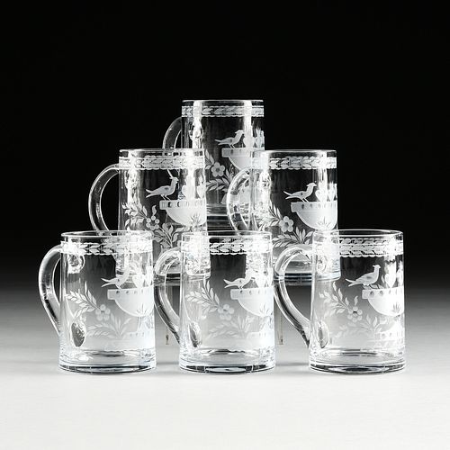 A SET OF SIX LOBMEYR ETCHED "BIRD