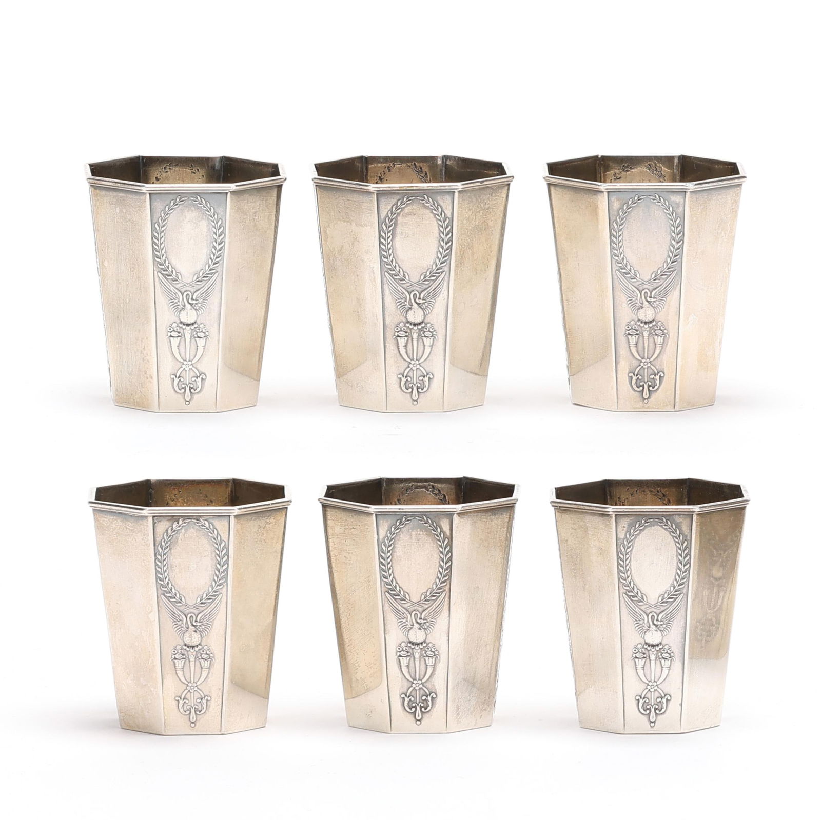 A SET OF SIX RUSSIAN SILVER VODKA