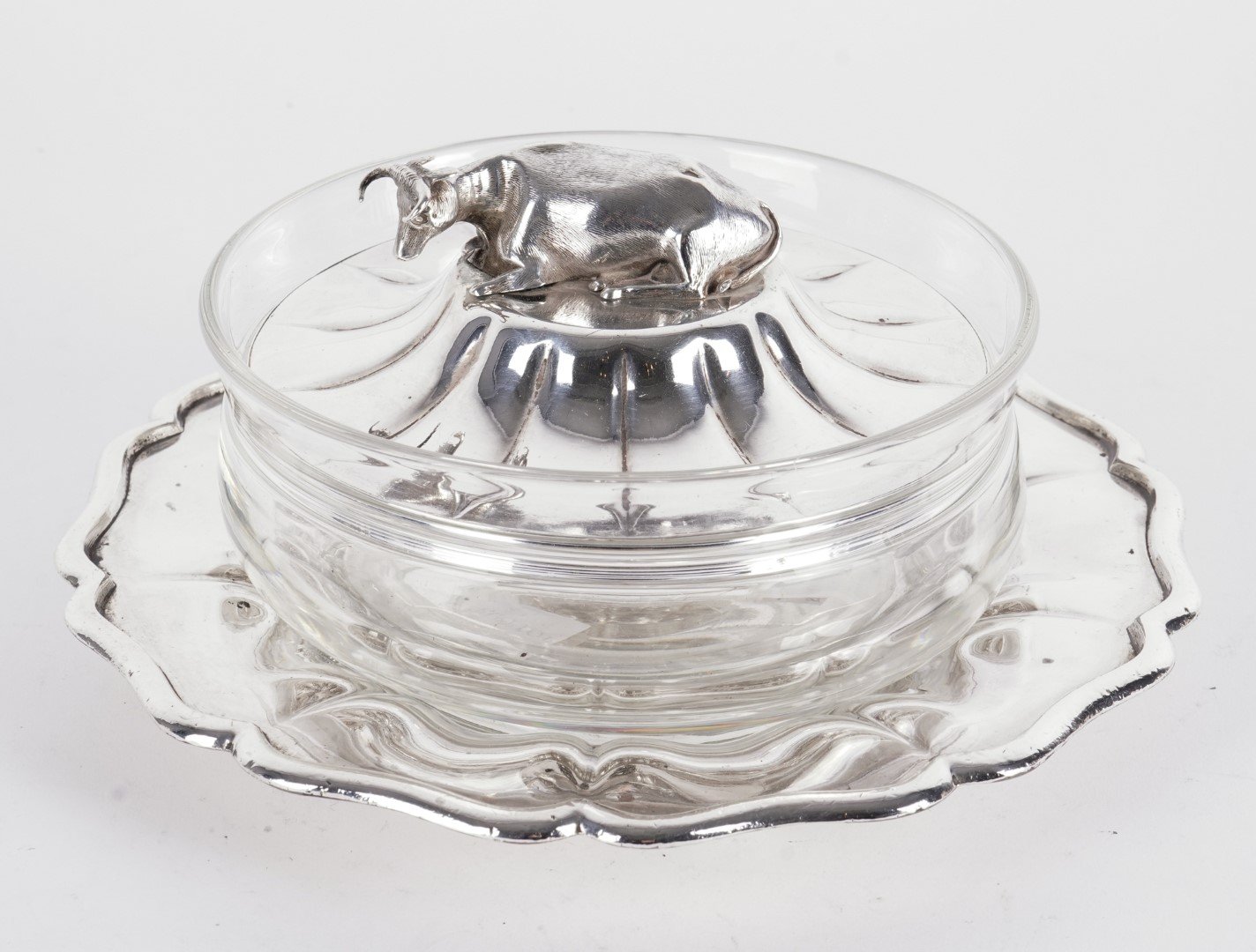 A SHEFFIELD PLATED AND GLASS BUTTER