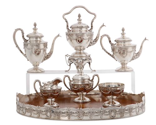A SHREVE SILVER SEVEN PIECE TEA AND