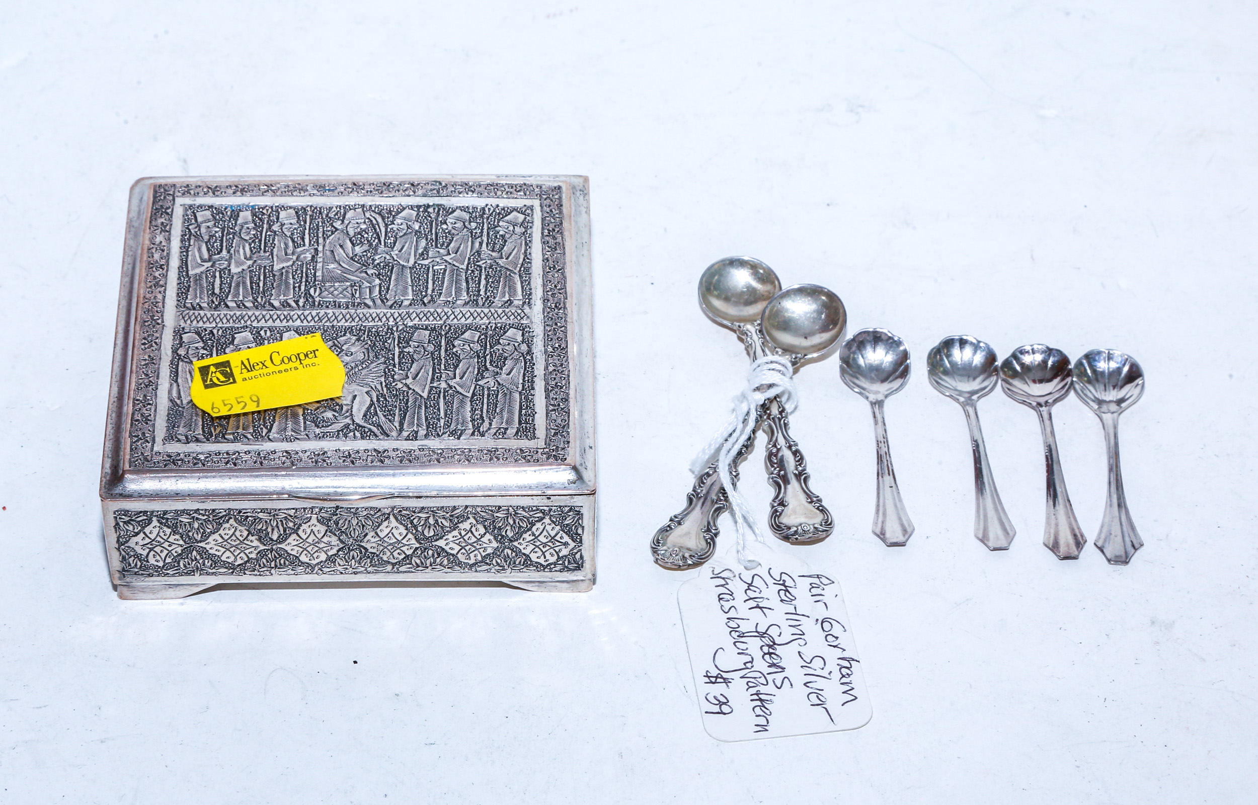 A SILVER BOX & SILVER SALT SPOONS