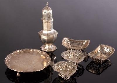 A silver octagonal sugar caster,