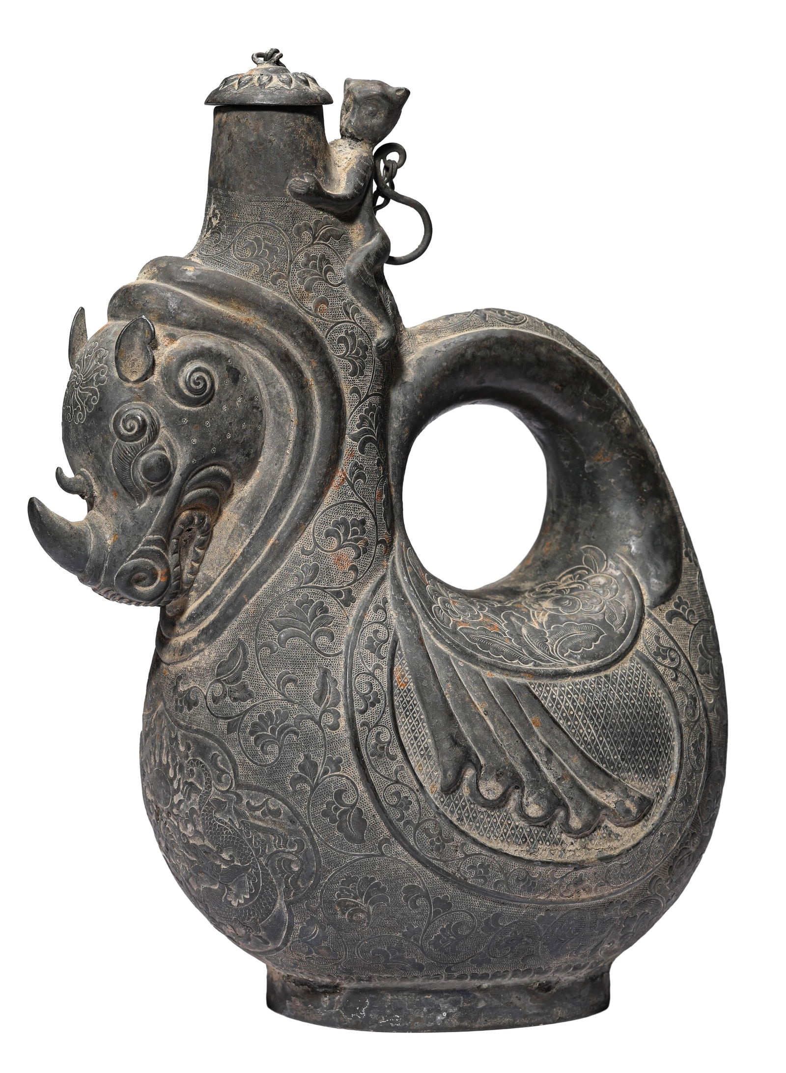 A SILVER RHINO HEAD SKIN BOTTLEA
