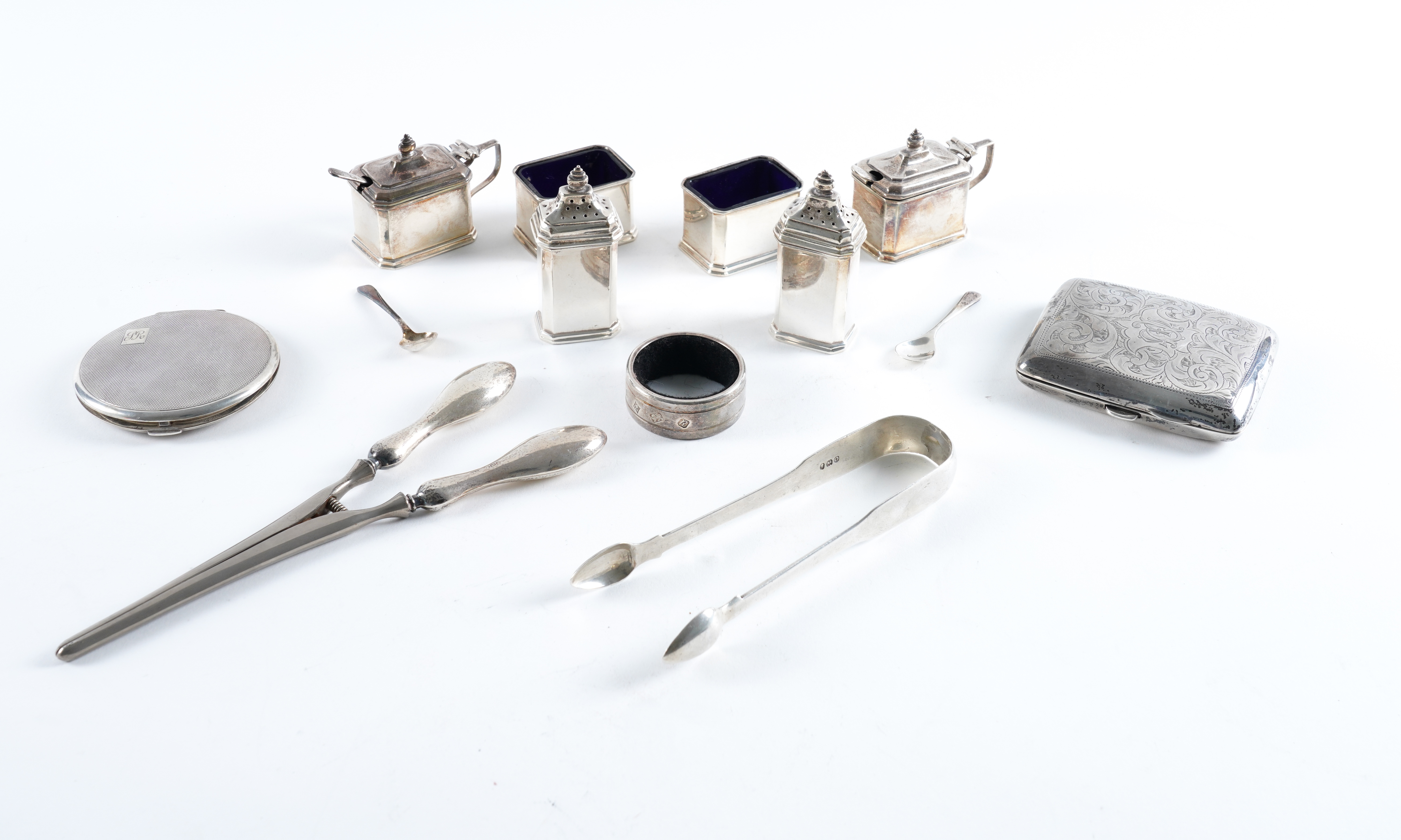 A SILVER SIX PIECE CONDIMENT SET