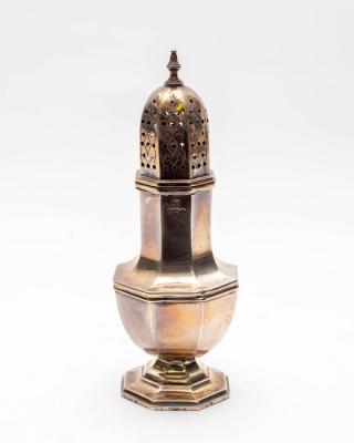 A silver sugar sifter, Harrods