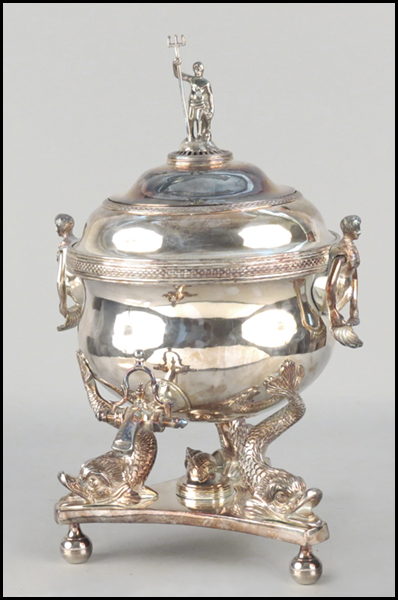 A SILVERPLATE HOT WATER URN. Raised