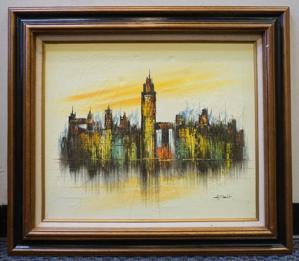 A. SMITH, CITY SKYLINE, OIL ON