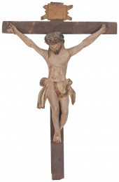 A SPANISH CARVED WOOD CRUCIFIX