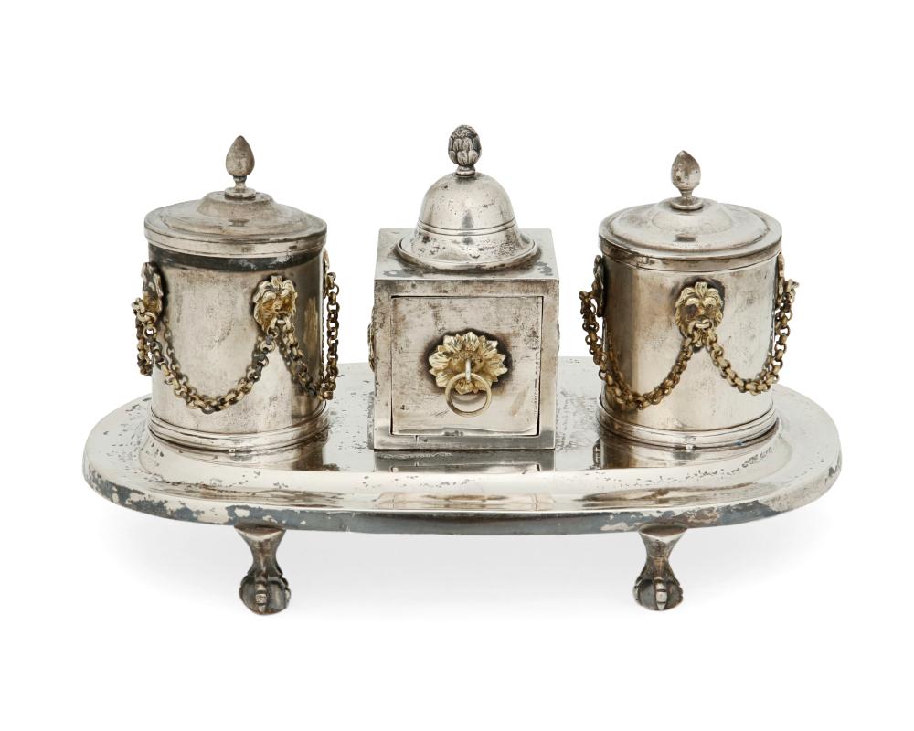 A SPANISH COLONIAL SILVER DESK SETA