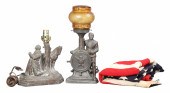 A Spelter lamp pair and flag,