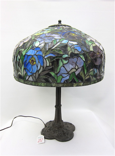 A STAINED AND LEADED GLASS TABLE