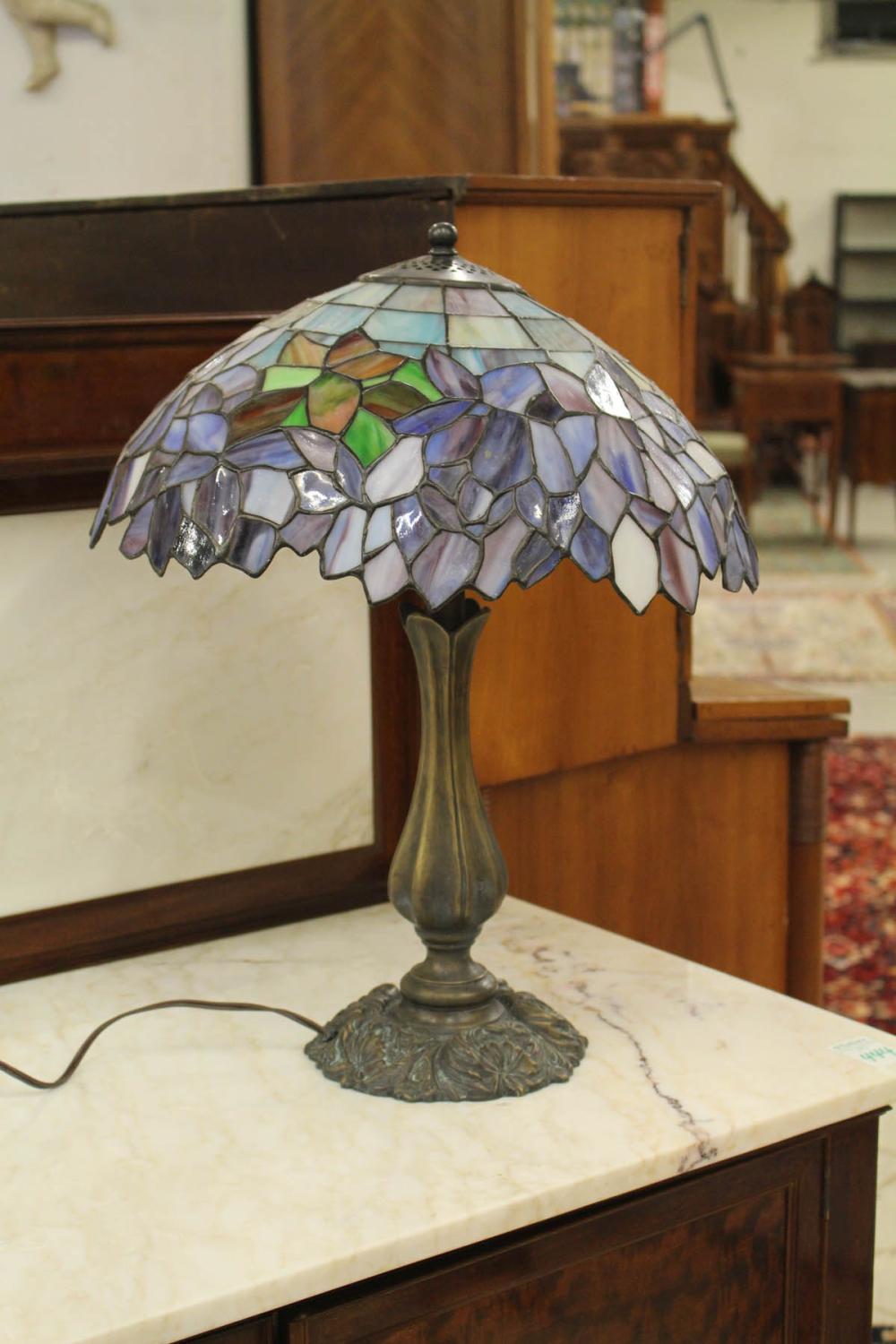 A STAINED AND LEADED GLASS TABLE
