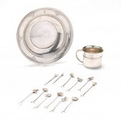 A STERLING SILVER DISH, MUG, A