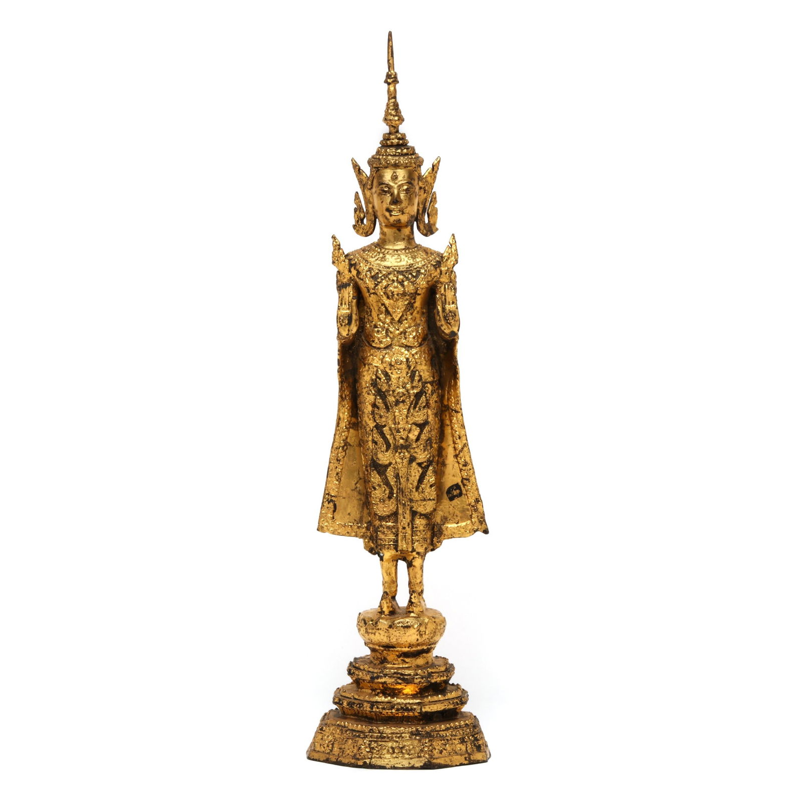 A THAI GILT BRONZE STANDING BUDDHAA