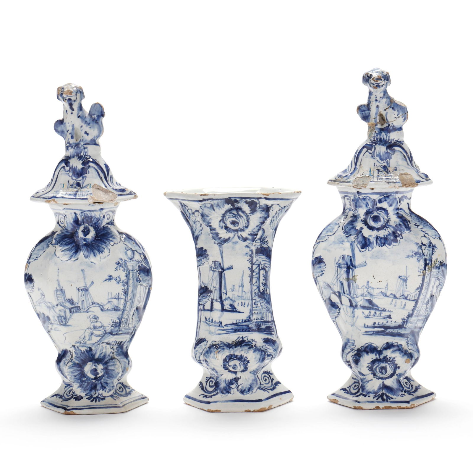 A THREE PIECE DUTCH DELFT GARNITURE
