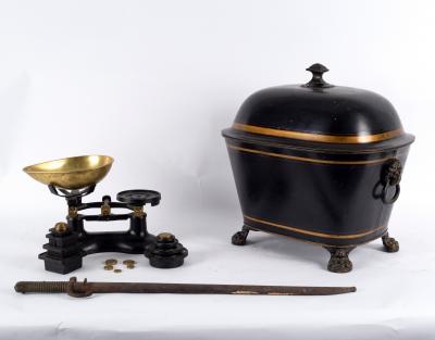 A toleware coal bin and cover, a