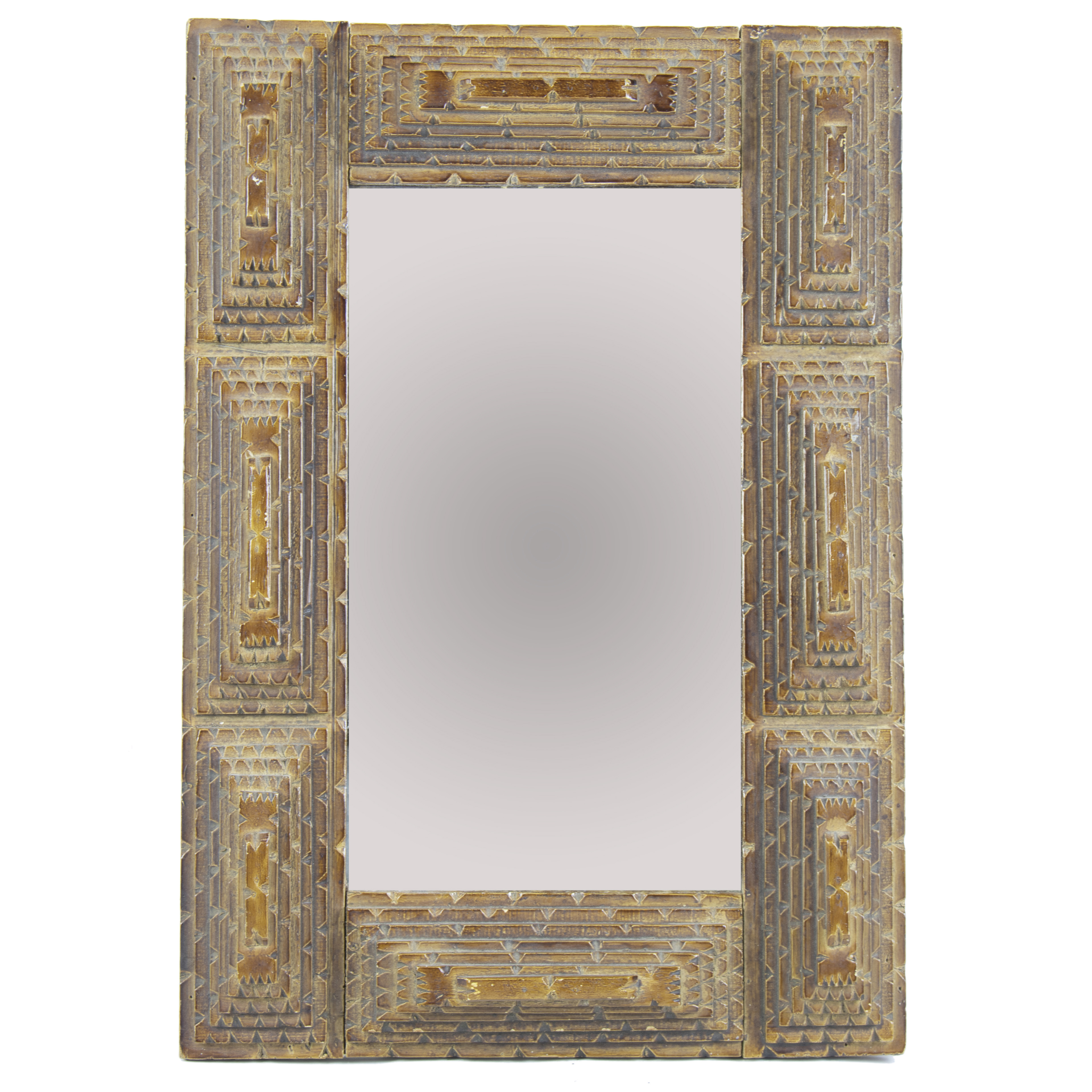 A TRAMP ART CHIPPED WOOD FRAMED
