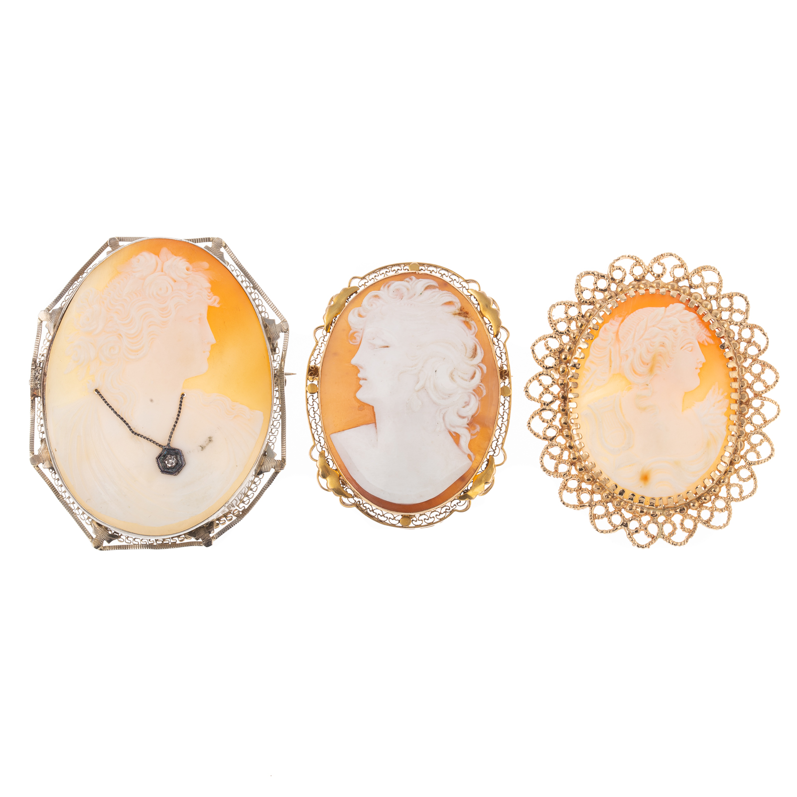 A TRIO OF SHELL CAMEO BROOCHES &