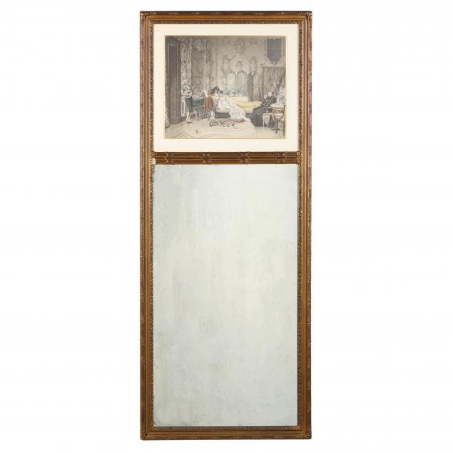 A TRUMEAU MIRROR WITH PRINT OF