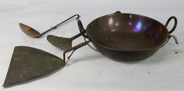 A two-handled pan and three
