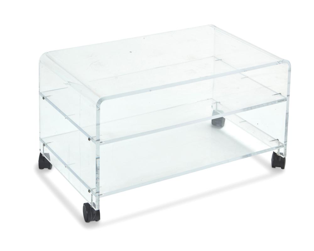 A TWO-TIERED LUCITE ROLLING CARTA
