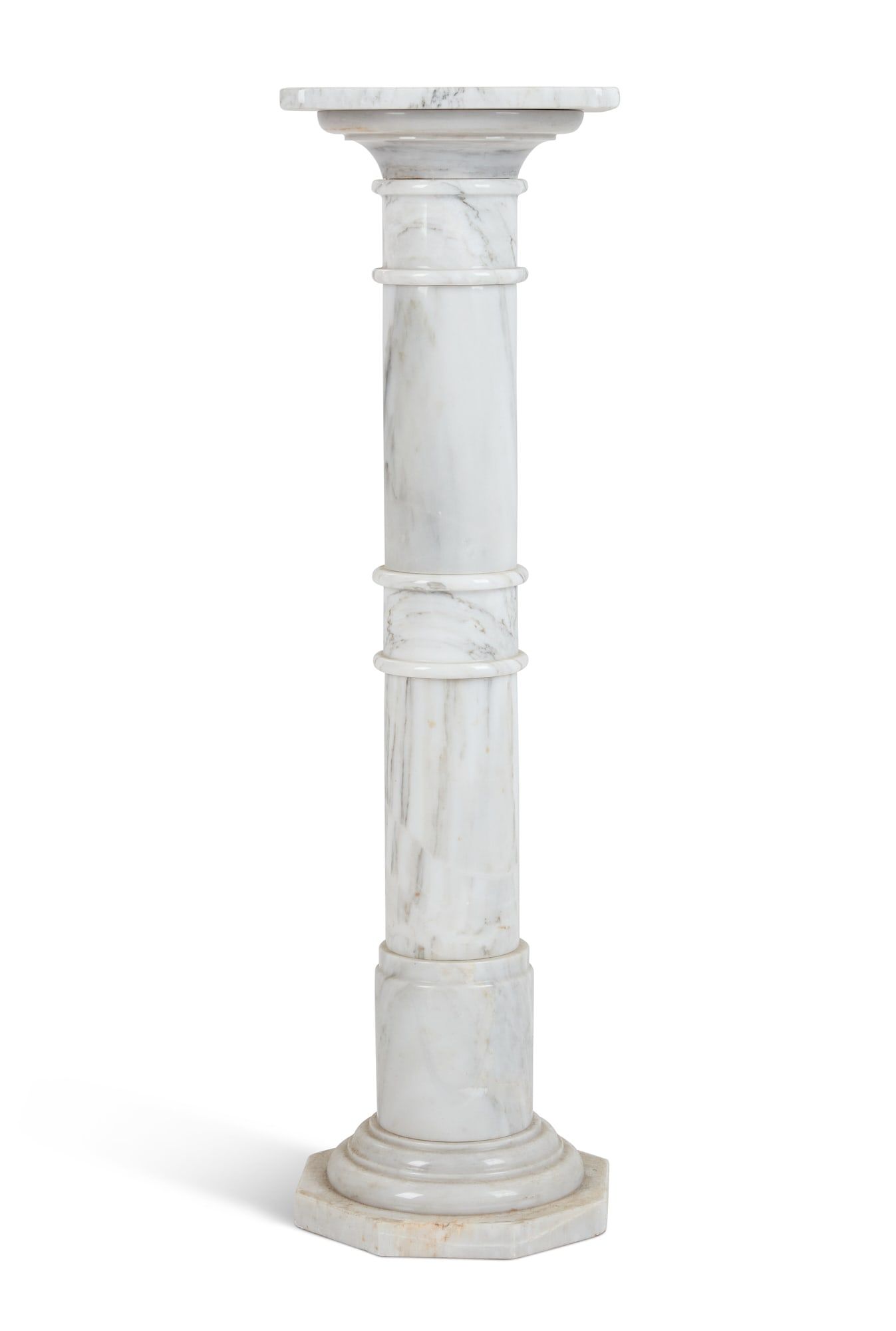 A VARIEGATED ALABASTER PEDESTAL,
