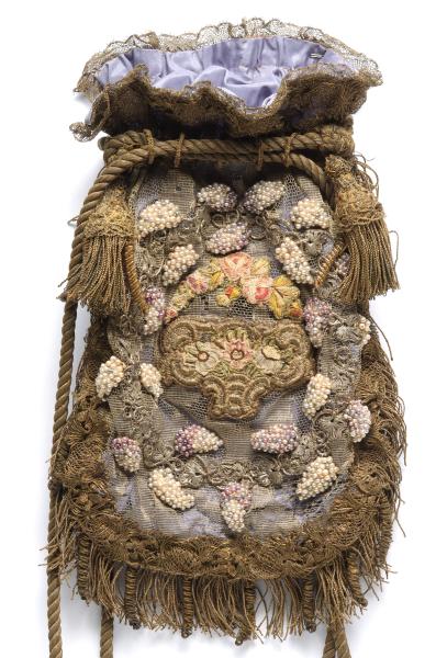 A VICTORIAN BAG WITH BEADED GRAPE