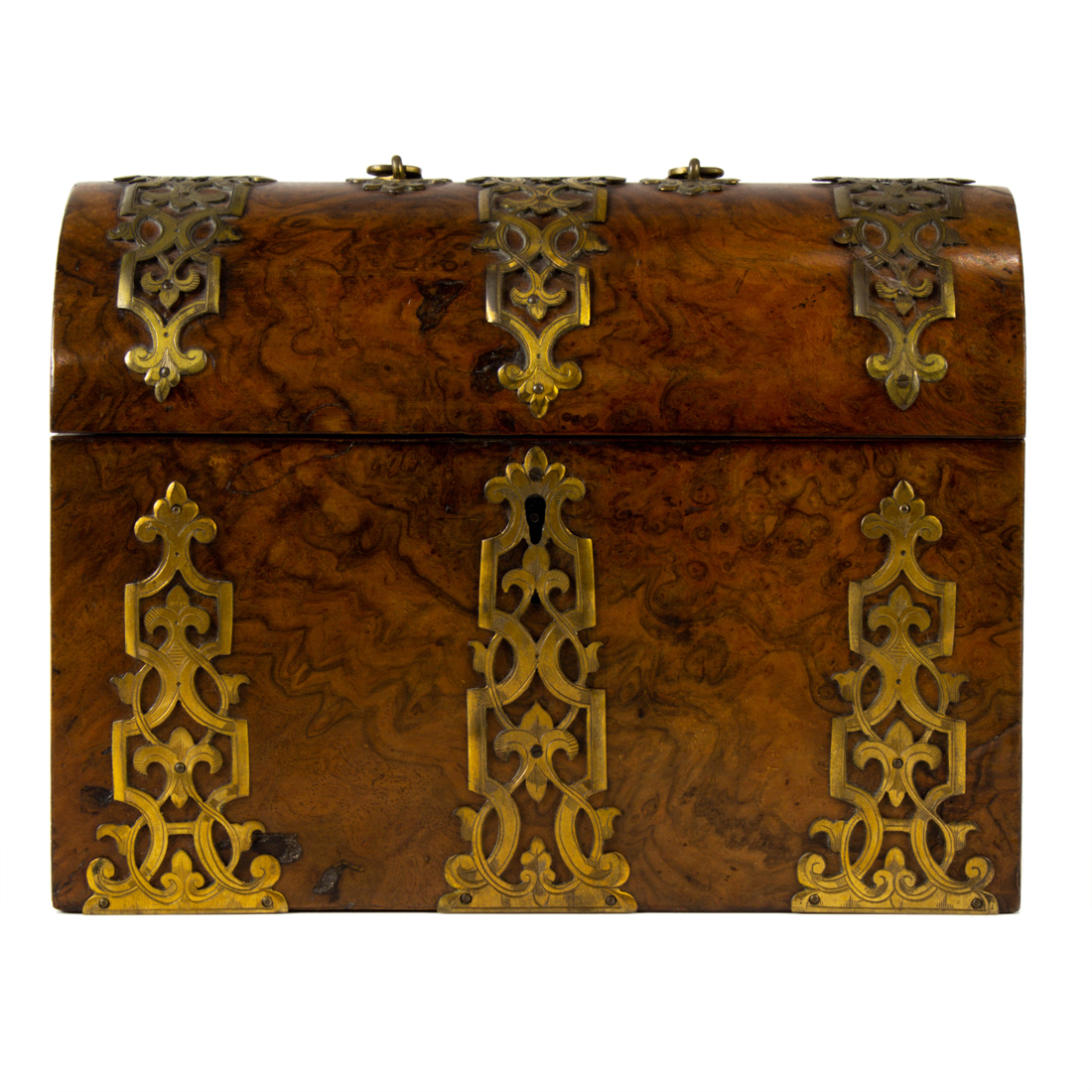 A VICTORIAN BRASS BOUND BURR WOOD