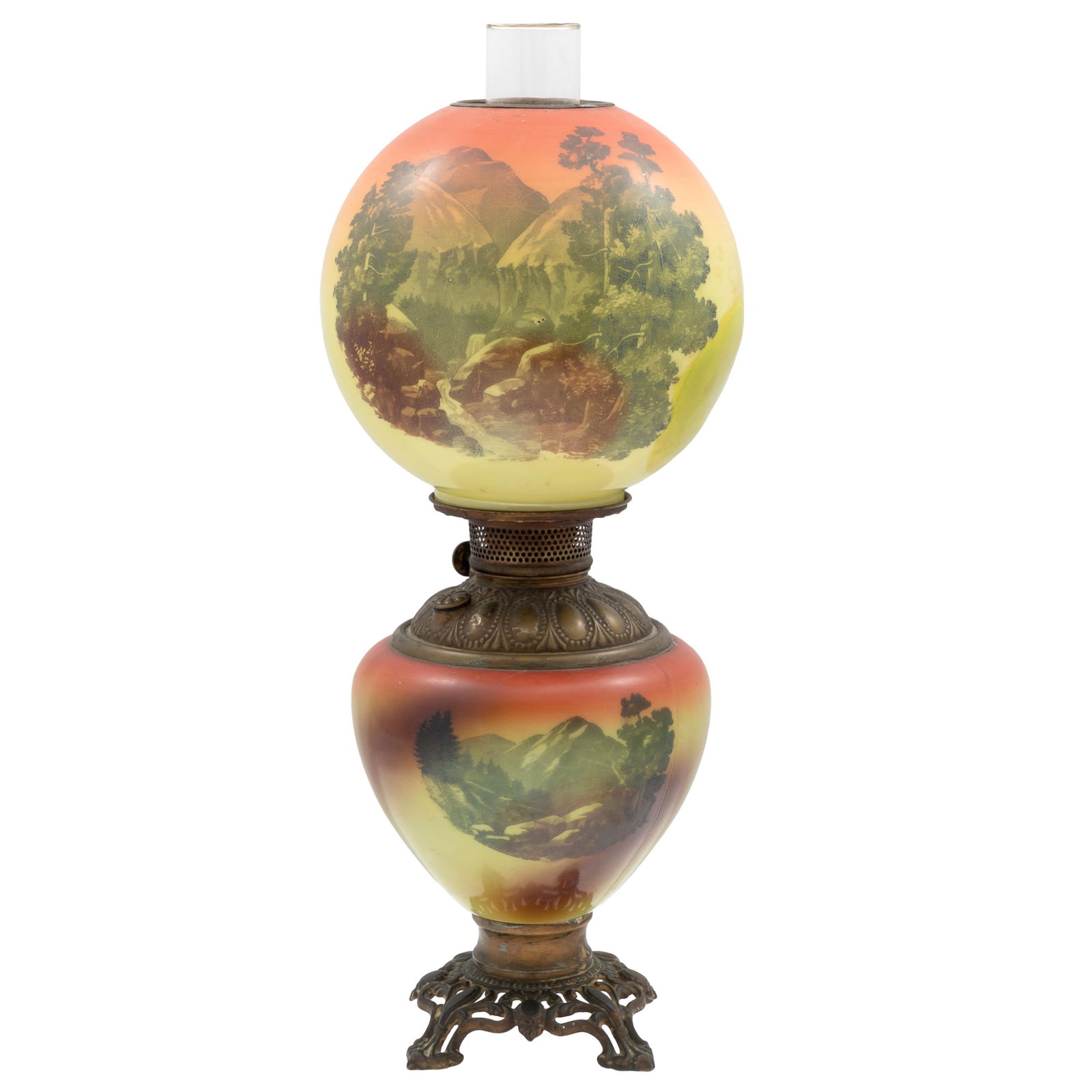 A VICTORIAN GLASS AND CAST IRON OIL