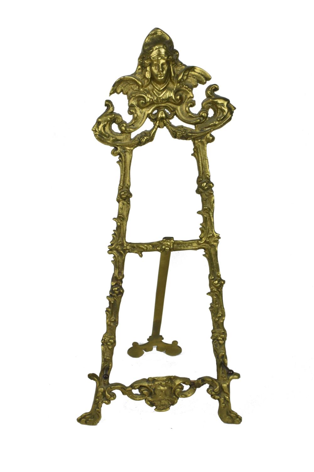 A VINTAGE CAST BRASS DESK EASEL,