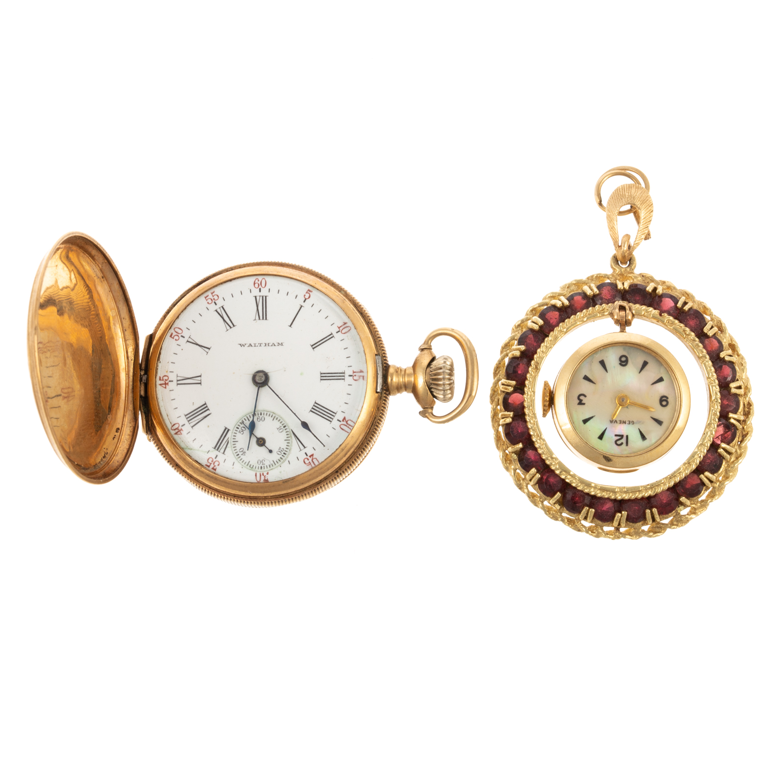 A VINTAGE GARNET WATCH PENDANT &