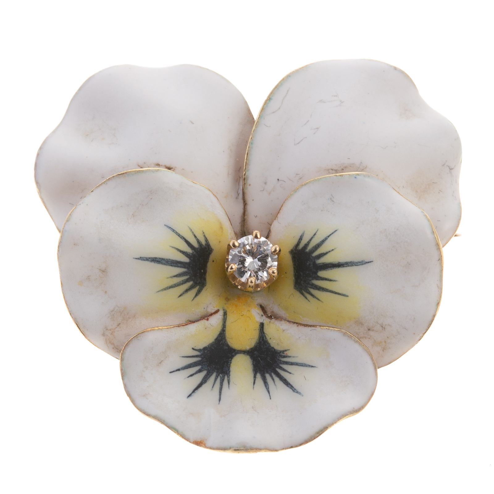 A VINTAGE WHITE ENAMEL PANSY BROOCH