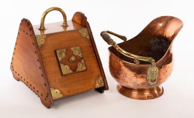 A walnut coal hod and a copper coal