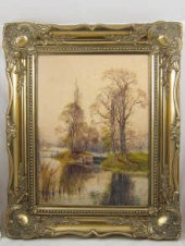 A watercolour of a riverside s