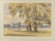 A watercolour river scene with