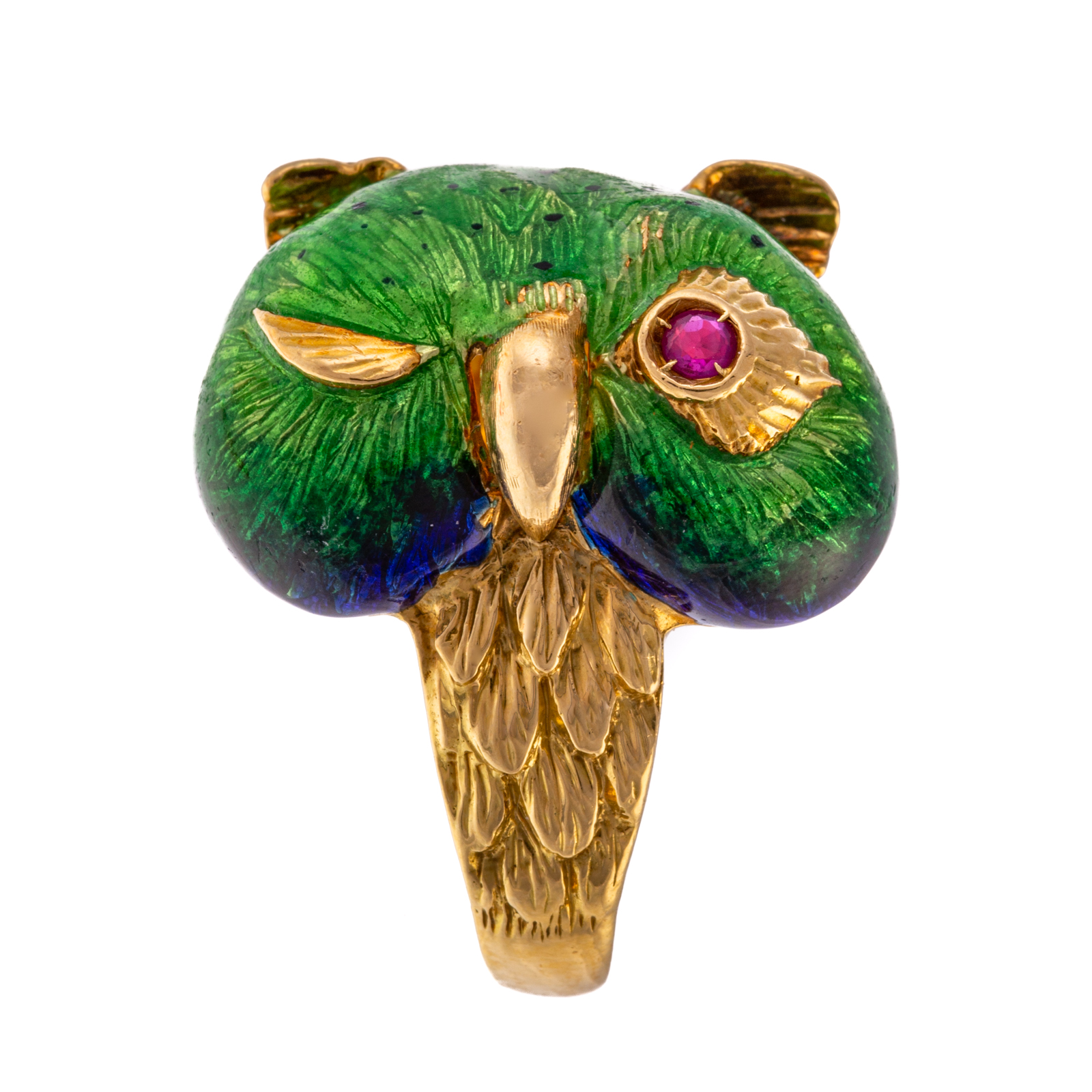 A WHIMSICAL ENAMEL WINKING OWL RING