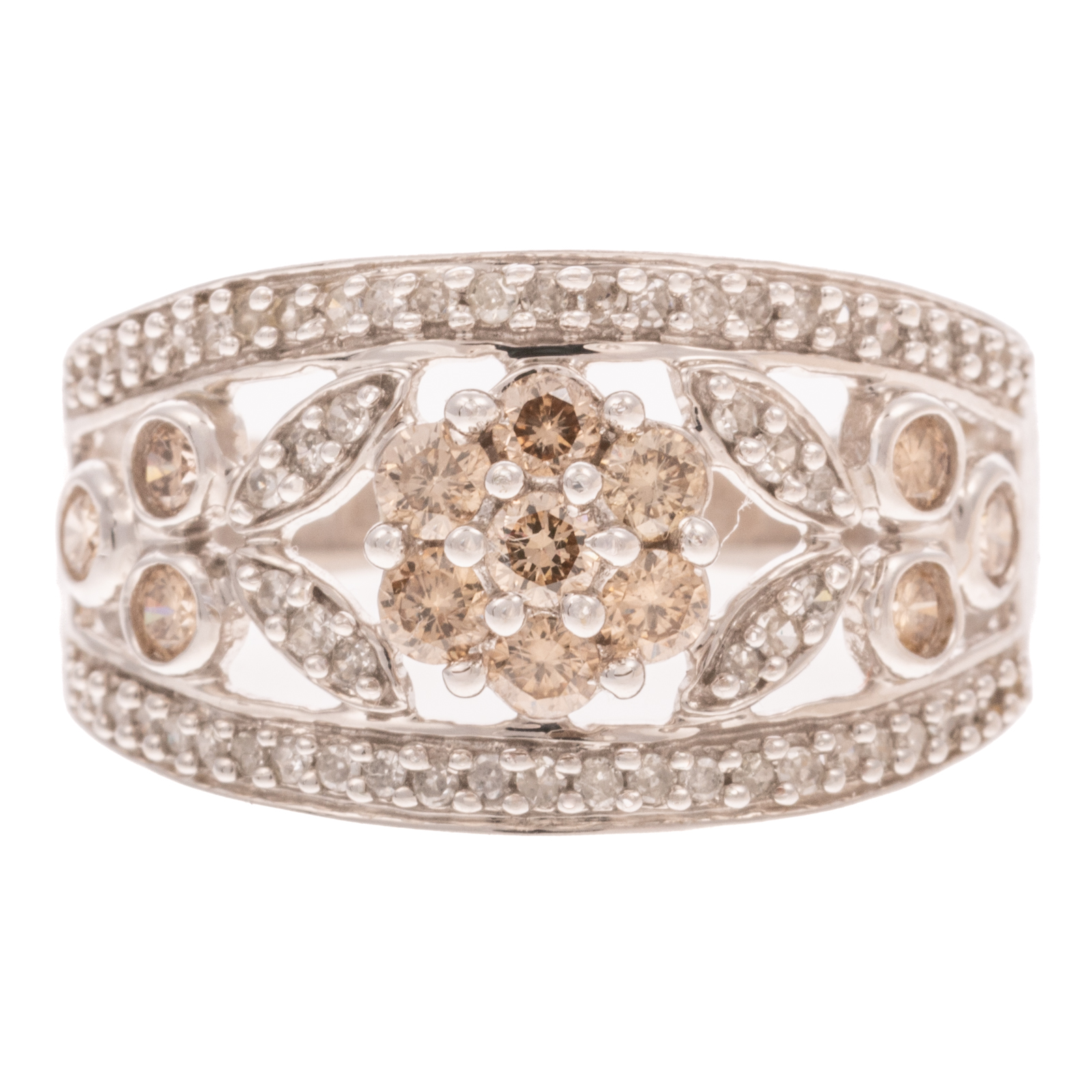 A WIDE DIAMOND FLOWER BAND IN 14K