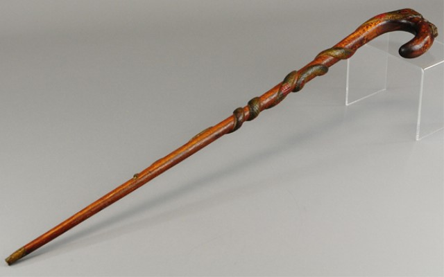 a/ WOOD CARVED SNAKE & FROG CANE
