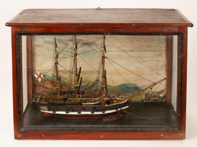 A wooden model of a three-master