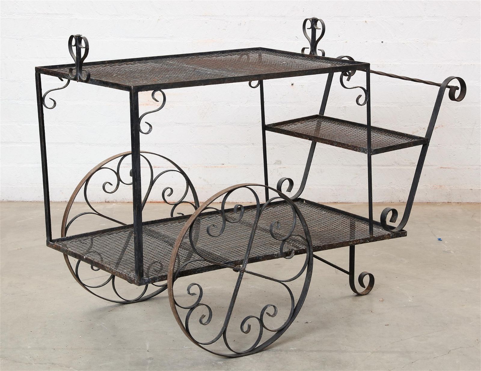 A WROUGHT IRON GARDEN CART, POST