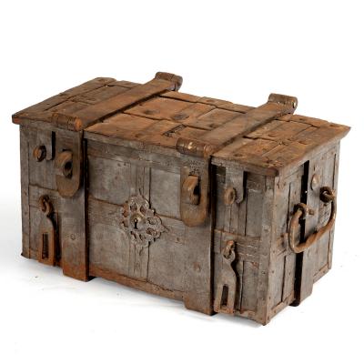 A wrought iron strong box,