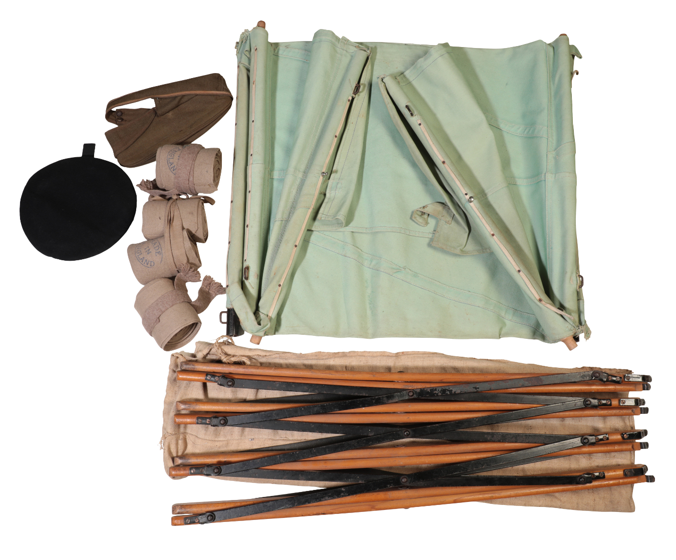 A WWI MILITARY CAMP BED labelled