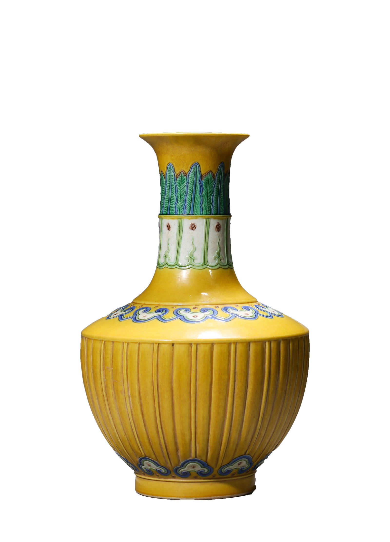 A YELLOW GLAZED RELIEF MELON SHAPED