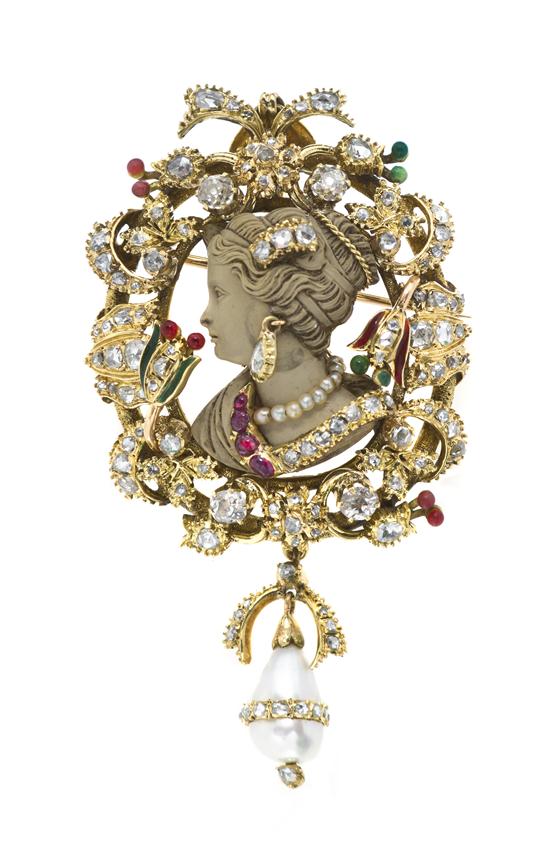 A Yellow Gold Diamond Ruby Pearl