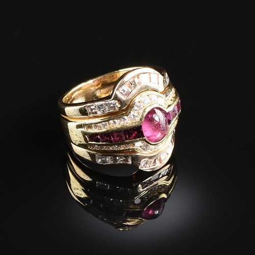 A YELLOW GOLD, RUBY, AND DIAMOND