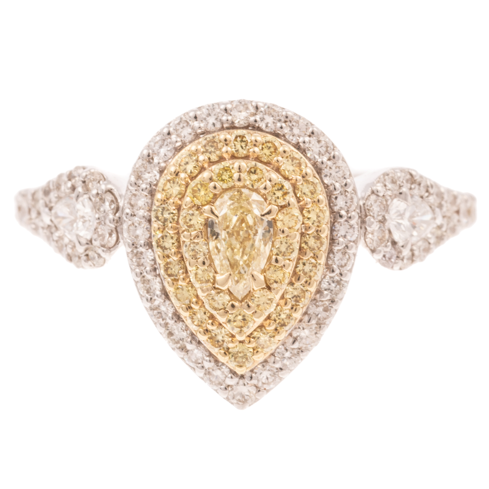 A YELLOW PEAR SHAPED DIAMOND RING