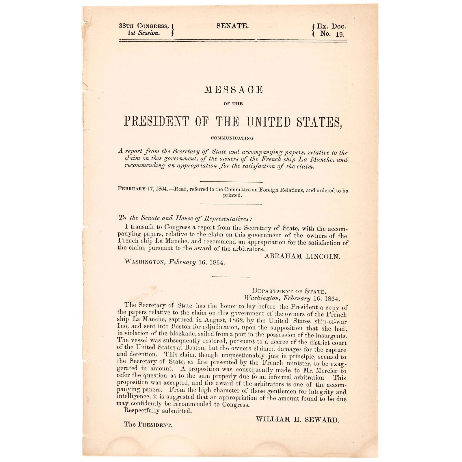 ABRAHAM LINCOLN 1864 MESSAGE FROM