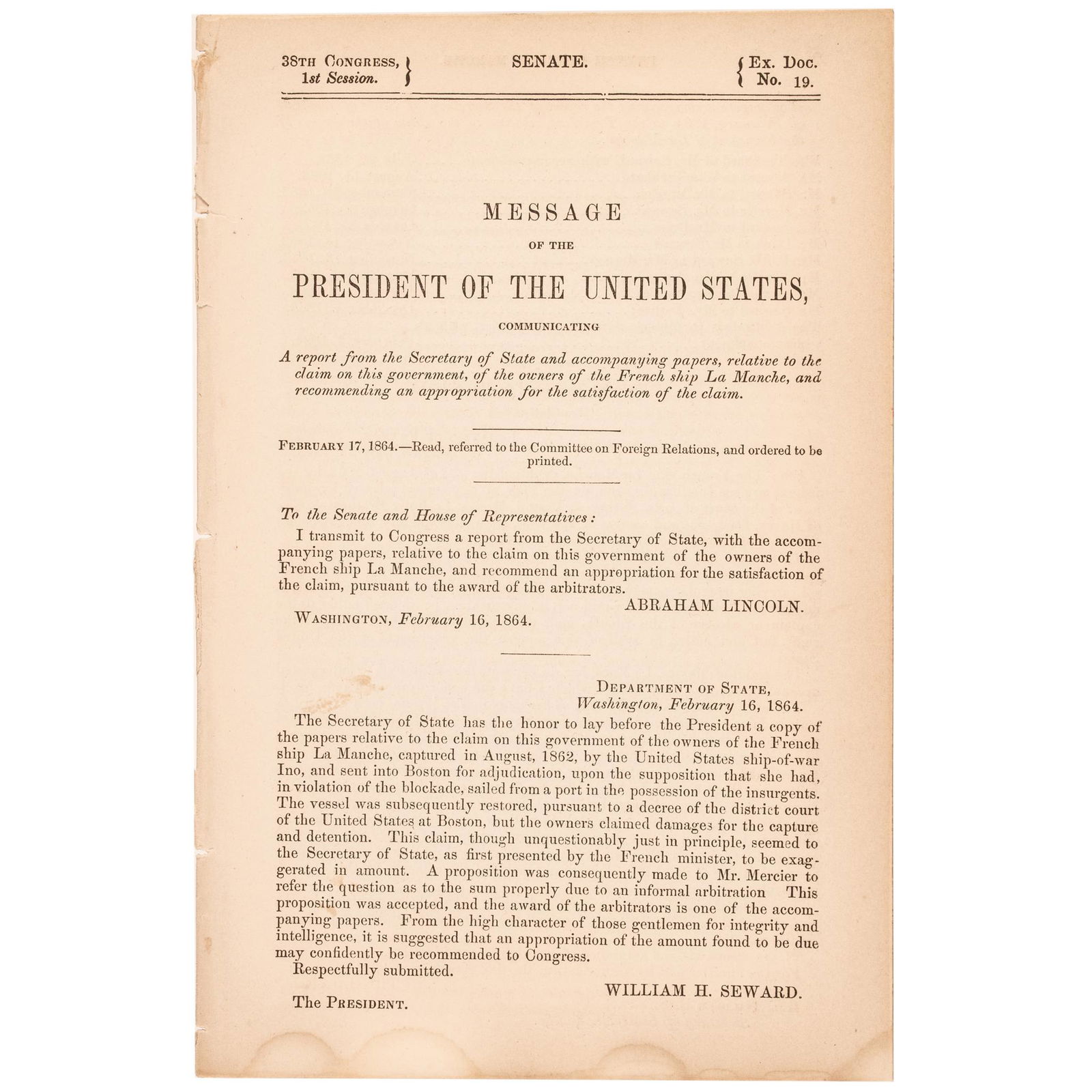 ABRAHAM LINCOLN 1864 MESSAGE FROM
