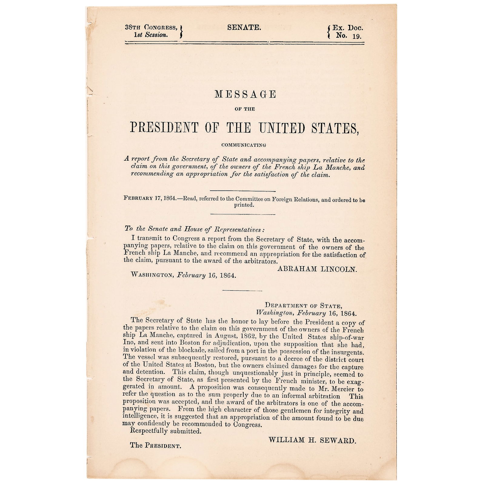ABRAHAM LINCOLN 1864 MESSAGE FROM