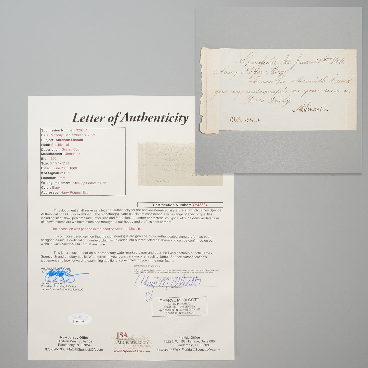 ABRAHAM LINCOLN, AUTOGRAPH NOTE,